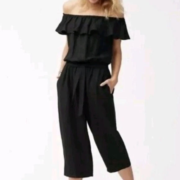 Tommy Bahama Black Ruffled Off-Shoulder Linen Blend Jumpsuit Sz L *see below - Picture 1 of 13